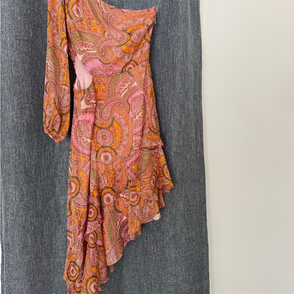 BCBG Pink & Orange Asymmetrical One Sleeve / One Shoulder Dress